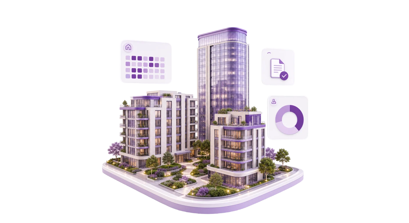 3D residential and commercial buildings with unit availability, contract, and occupancy cards in MATEEN purple