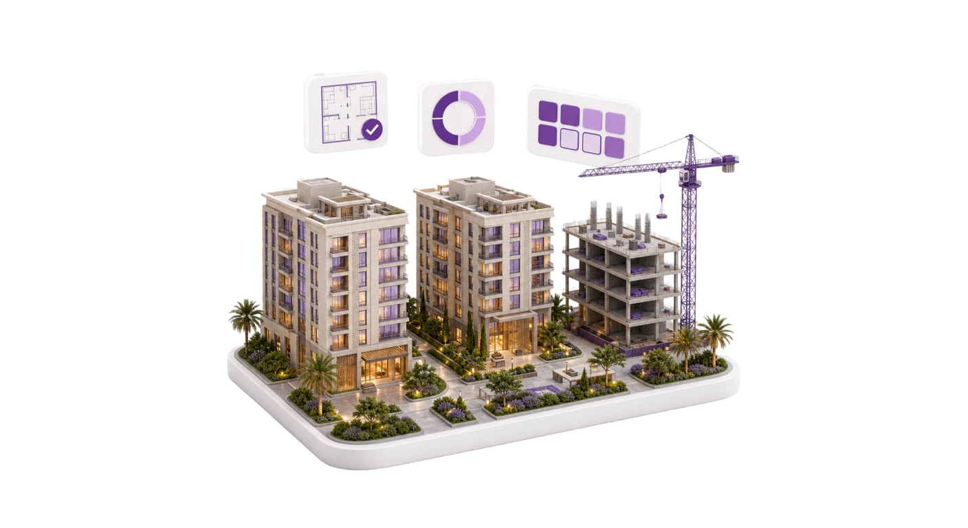 3D property development with completed buildings, construction in progress, and floating blueprint, progress, and unit availability cards