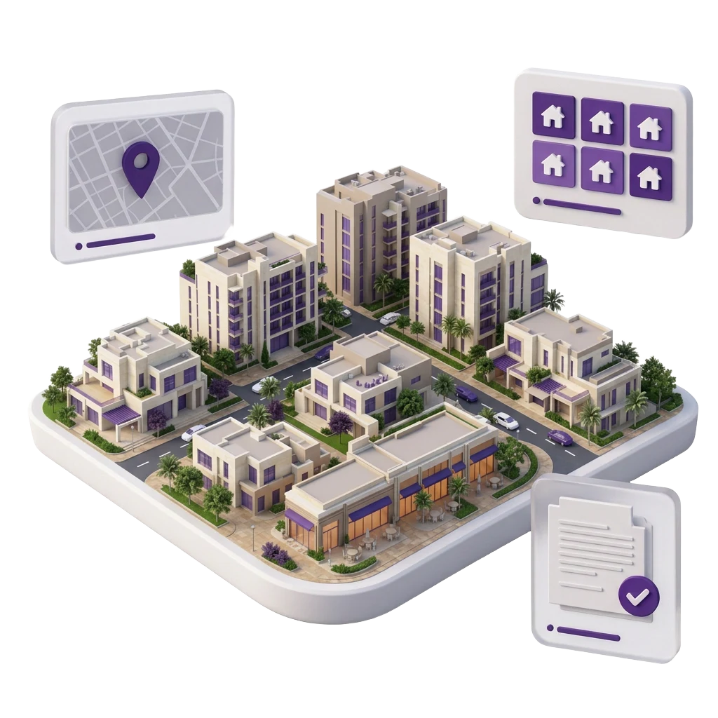 Colorful 3D miniature neighborhood with villas, apartments, shops, and purple property management cards