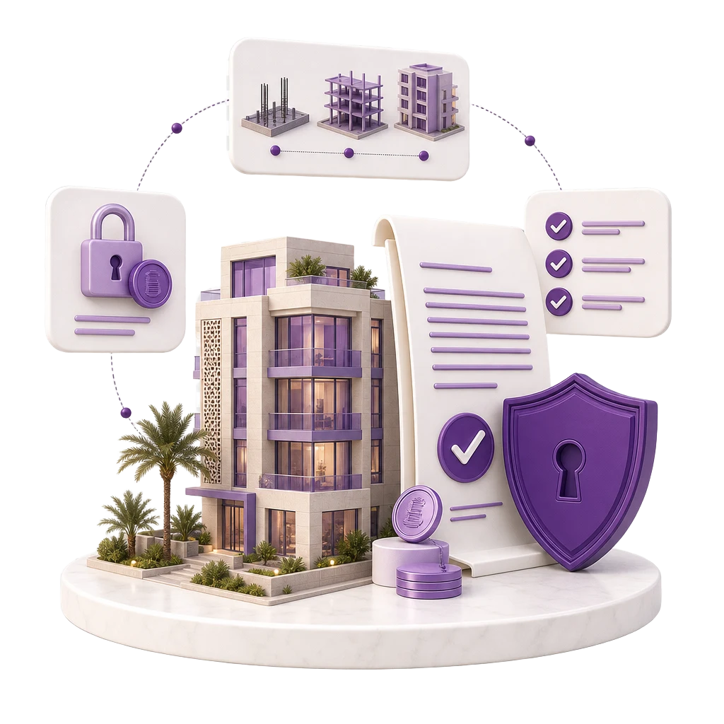 3D illustration of a residential development with protected property documents, escrow and compliance symbols